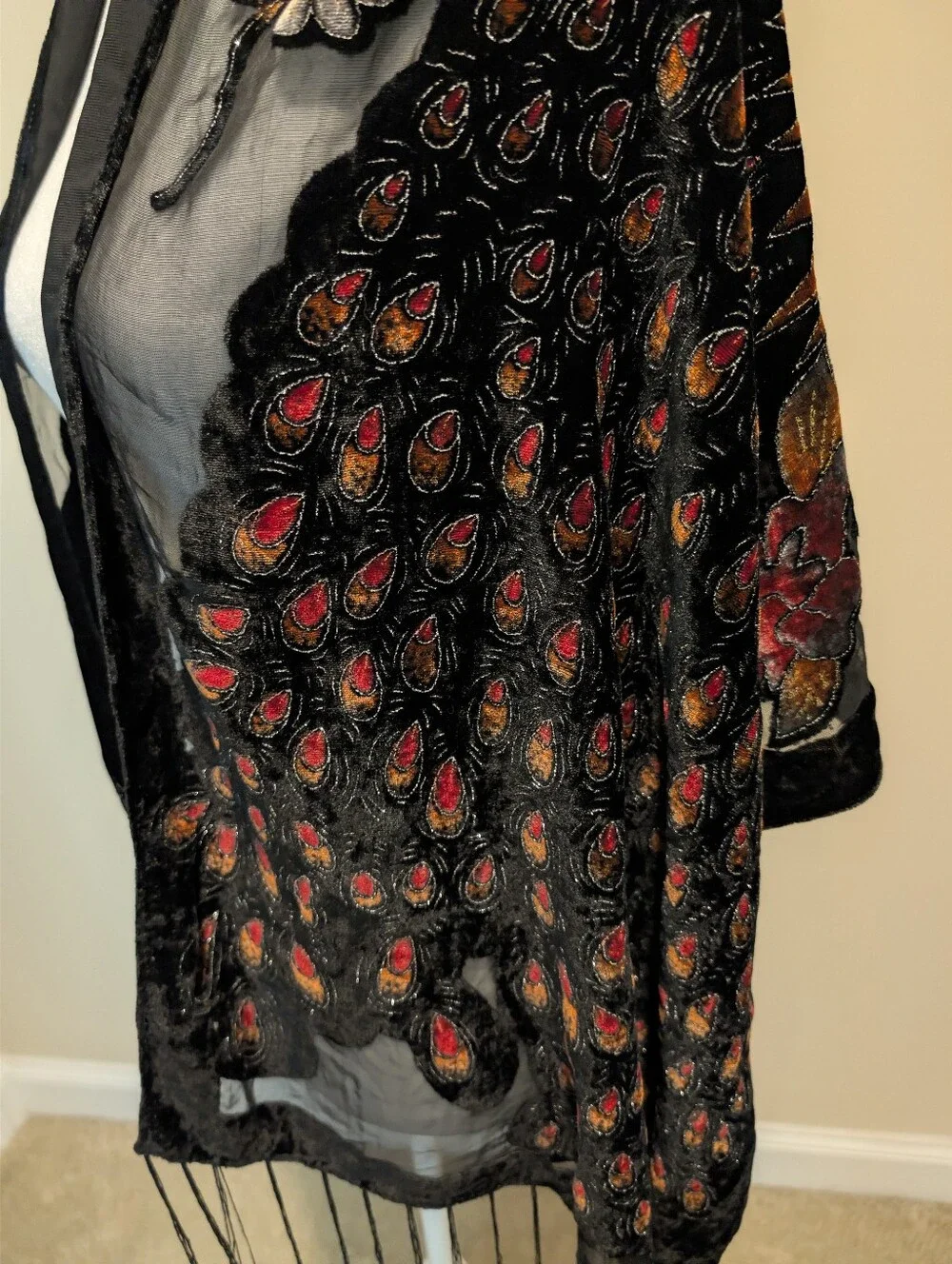 Black Shawl with Rich Copper and Crimson Velvet Peacock Applique and Fringe